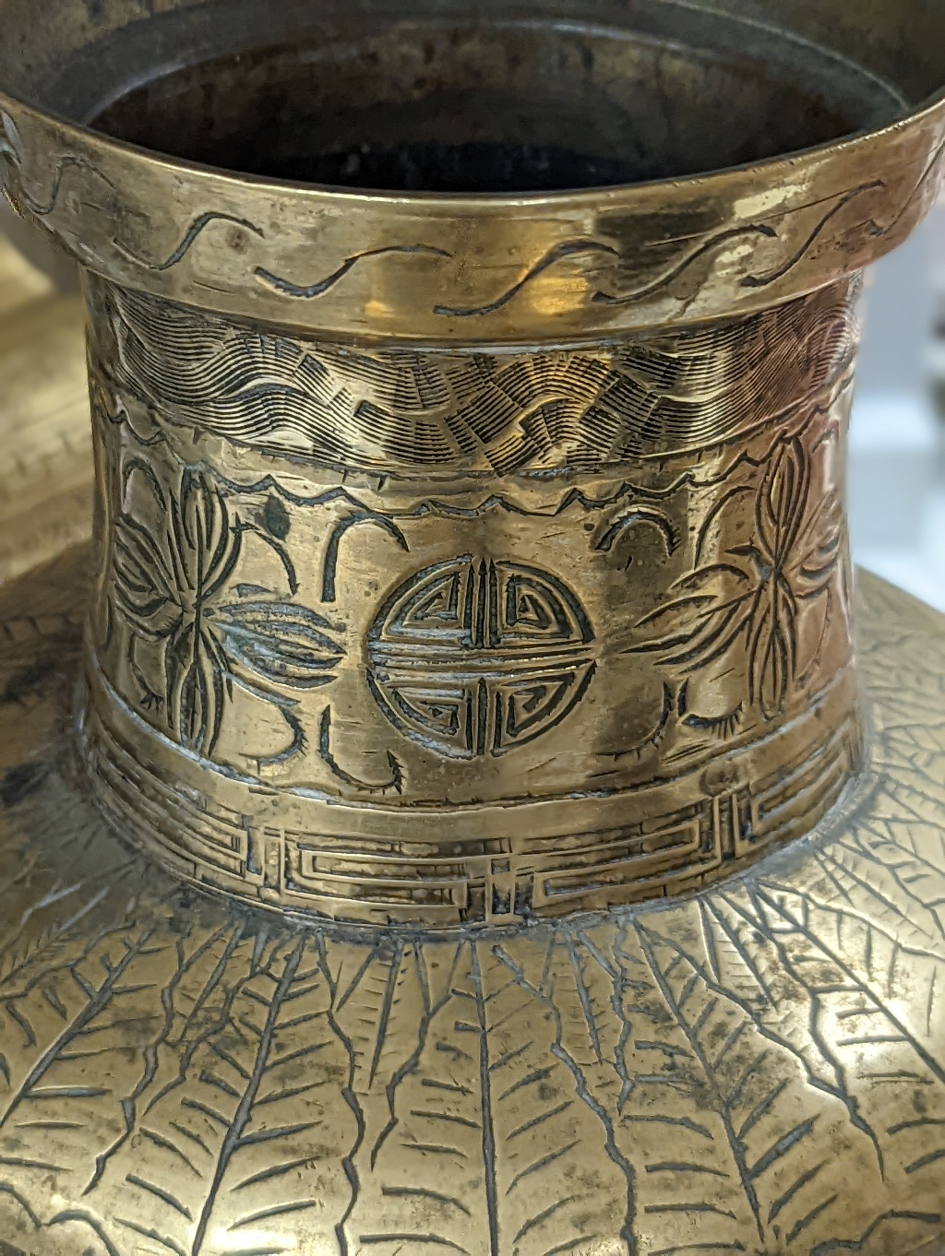 Two early 20th century Chinese bronze vases and a similar tray, 35cm diam.